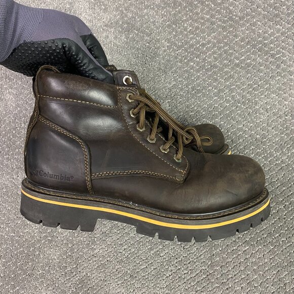 Columbia Hard Rock Mid Leather Boots Men's 9 Brown Hiking Work Lace Up Chunky - Picture 2 of 16